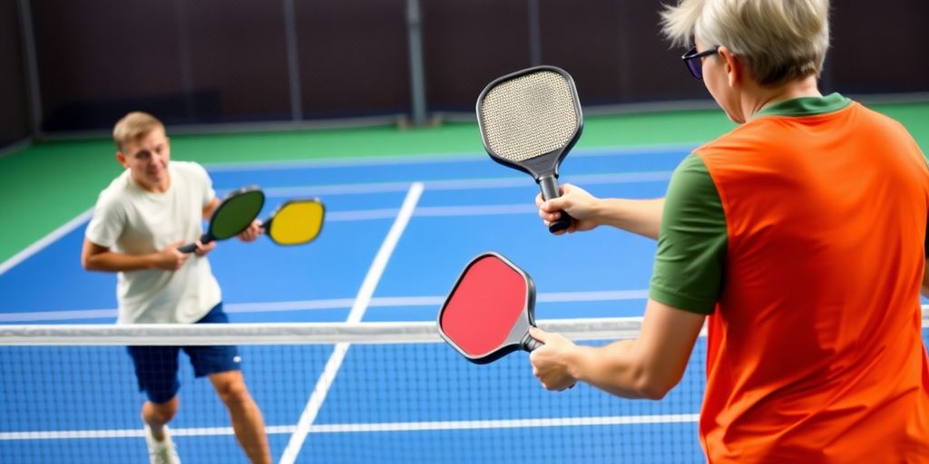 Two players intensely competing in a pickleball match.