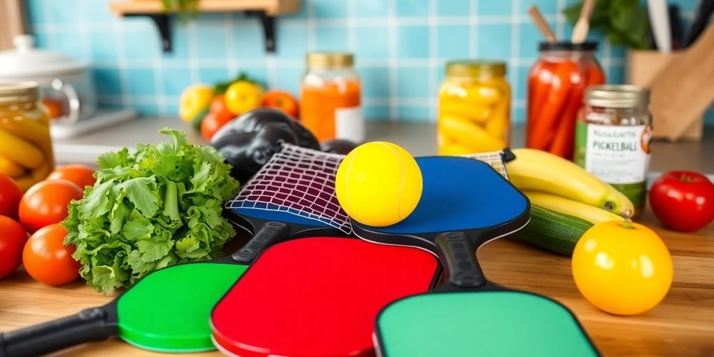 Kitchen with pickleball paddles, ball, and fresh vegetables.