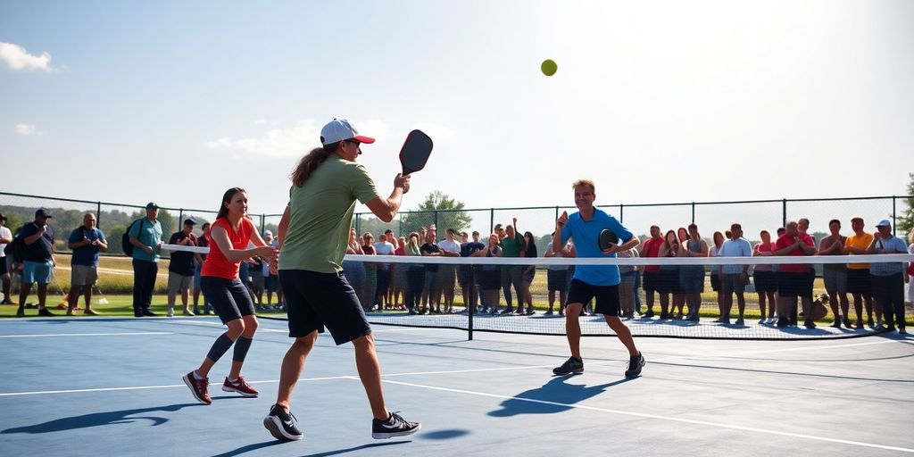 Doubles pickleball game with players in action on court.