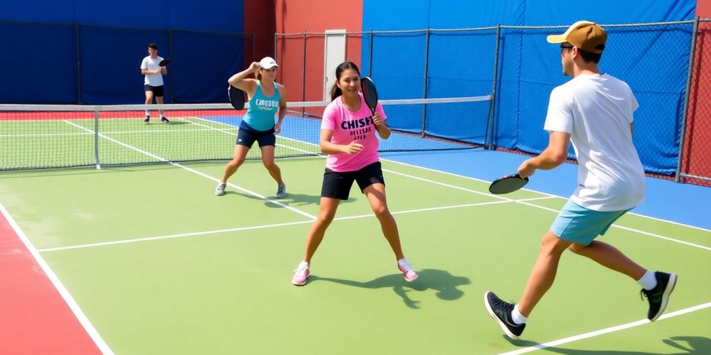 Action-packed pickleball match with players on the court.