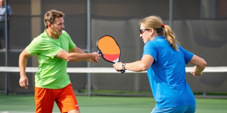 Two teams playing pickleball doubles on the court.