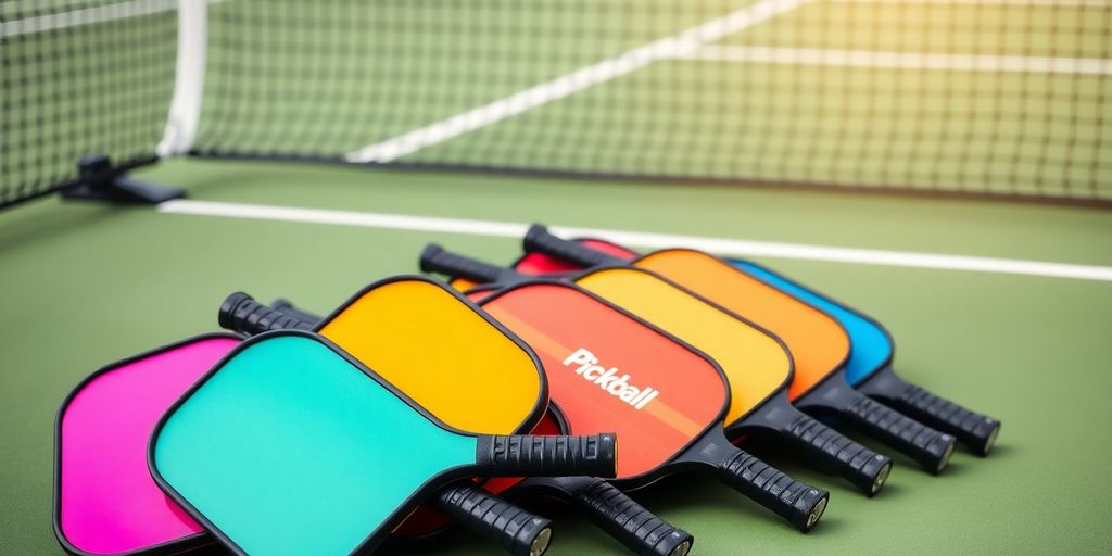 Colorful pickleball paddles on a court background.