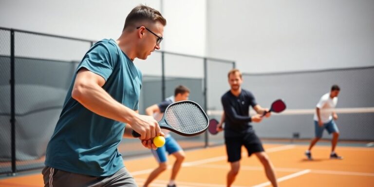 Pickleball players in action during a match.