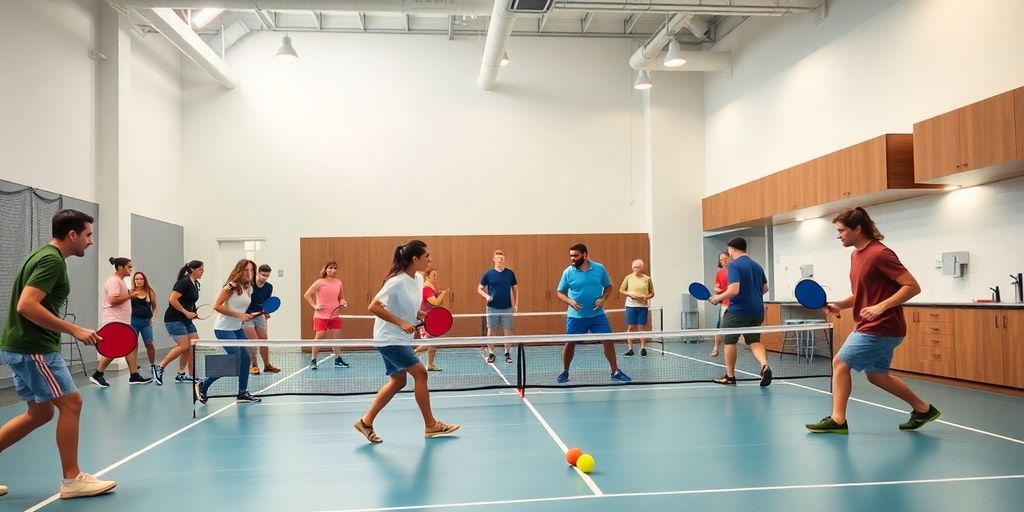 Indoor pickleball court with players enjoying a game.