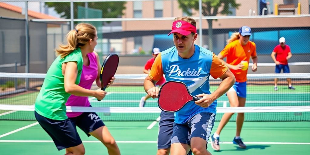 Pickleball players in action on a competitive court.