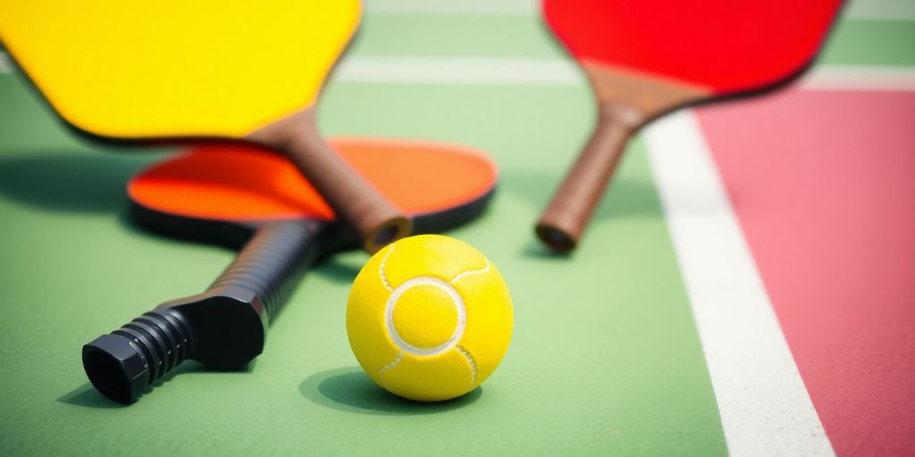 Colorful pickleball paddles and ball on a court.