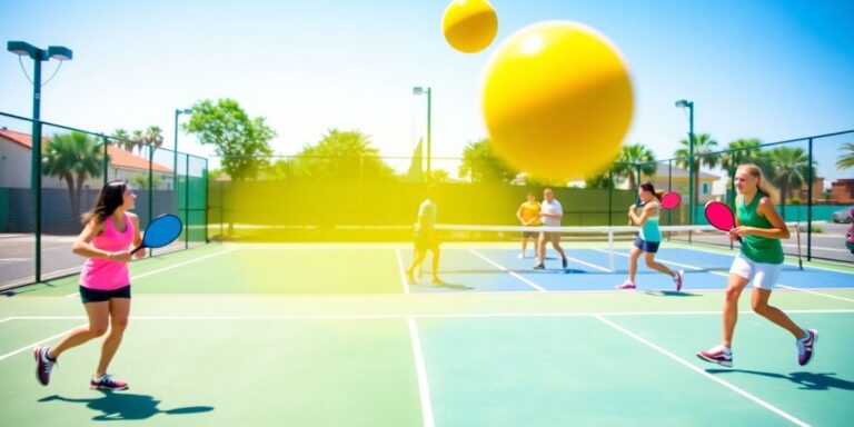 Players enjoying a game of pickleball on a sunny court.