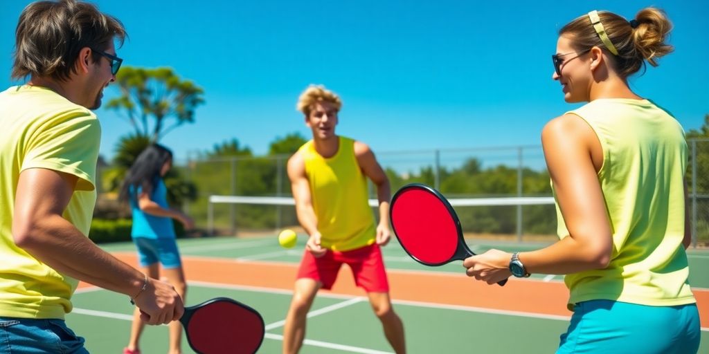 Beginners playing pickleball in a sunny outdoor setting.