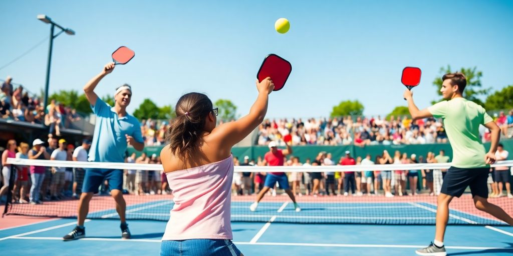 Players engaged in a pickleball match on a court.