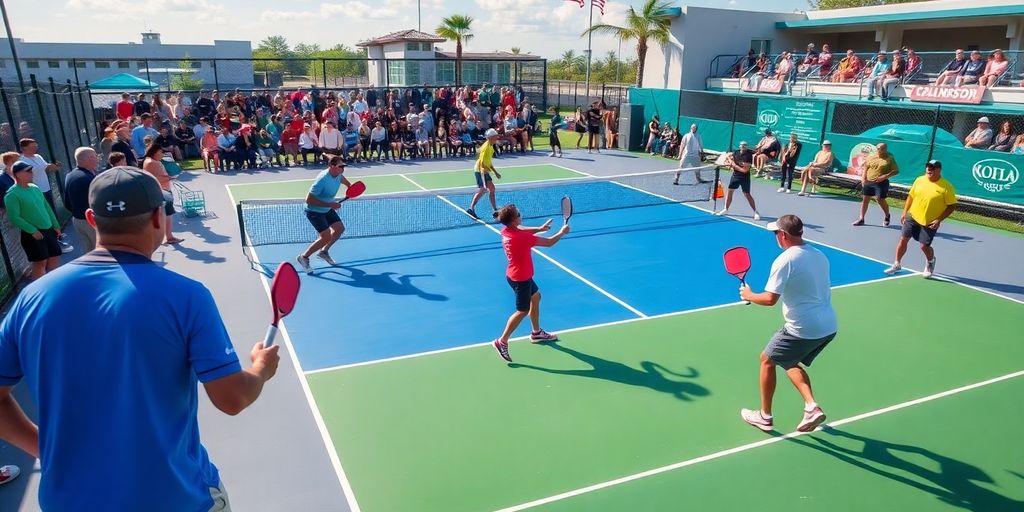 Players enjoying a lively game of pickleball outdoors.