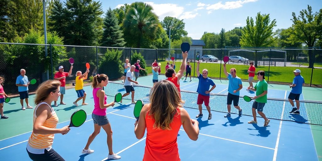 Players in action on a colorful pickleball court.