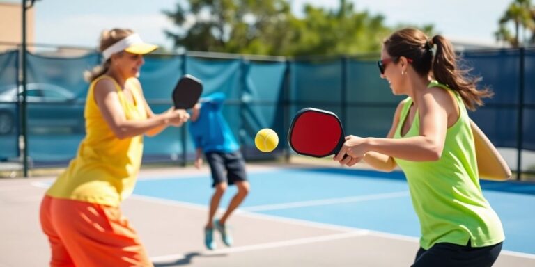 Players in action during an outdoor pickleball match.