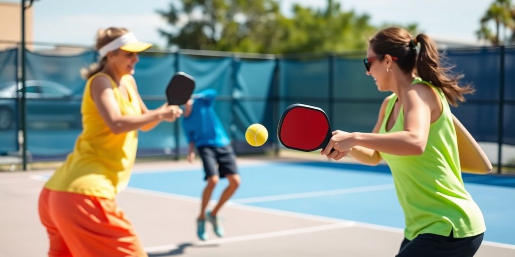 Players in action during an outdoor pickleball match.