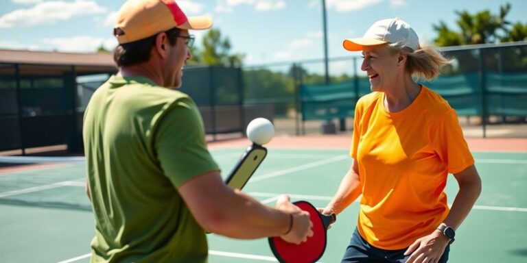 Two players competing in a lively pickleball match.