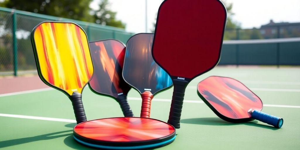 Colorful lightweight pickleball paddles on a bright court.