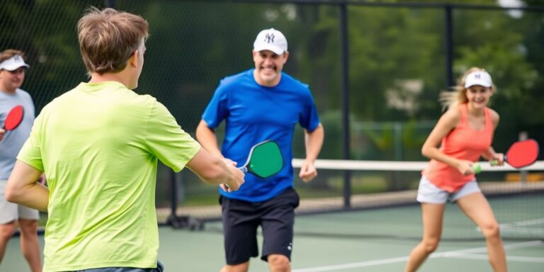 Players enjoying a competitive pickleball match outdoors.