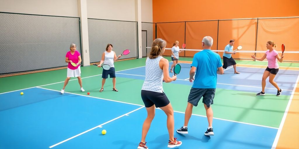 Players on a pickleball court during an active match.