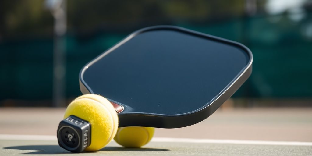 Close-up of a pickleball paddle and ball.