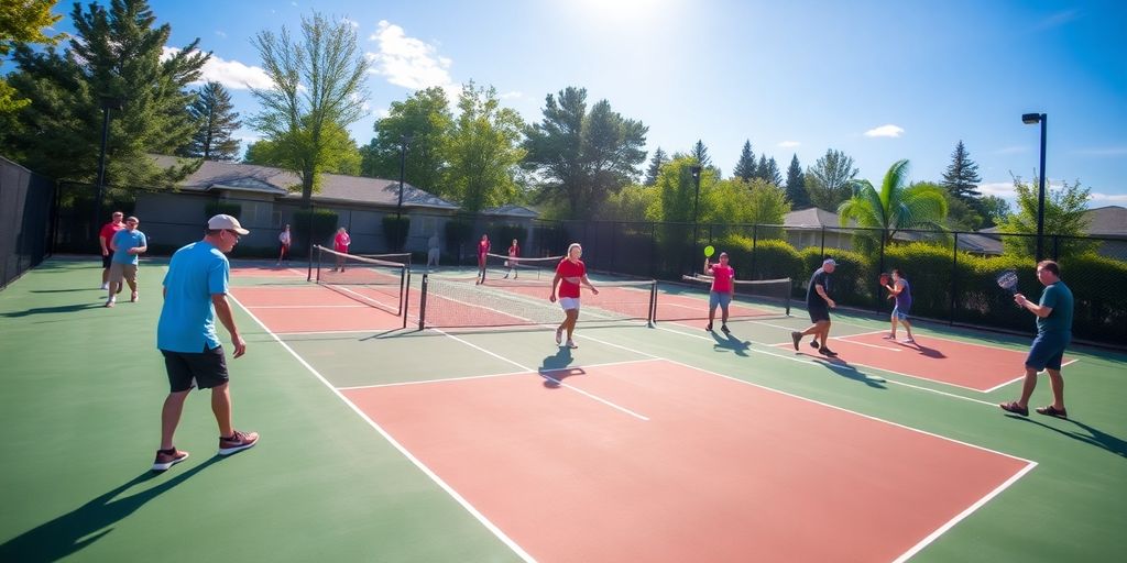 Photograph of a lively pickleball court with players.