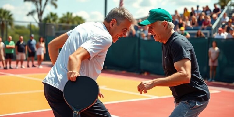 Two players competing in a pickleball match.