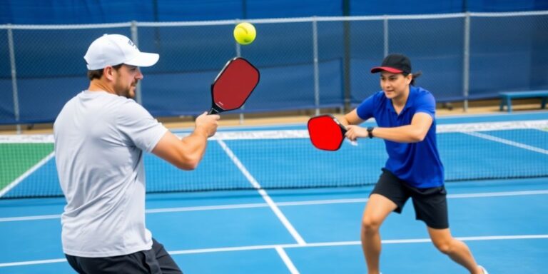 Two players competing in an energetic pickleball match.