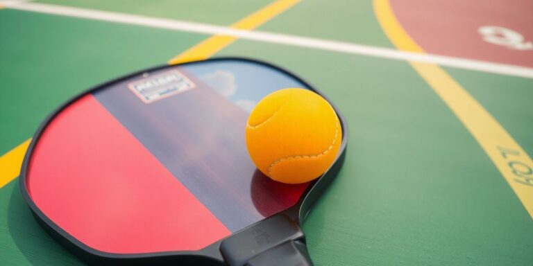 Close-up of a pickleball paddle and ball on court.