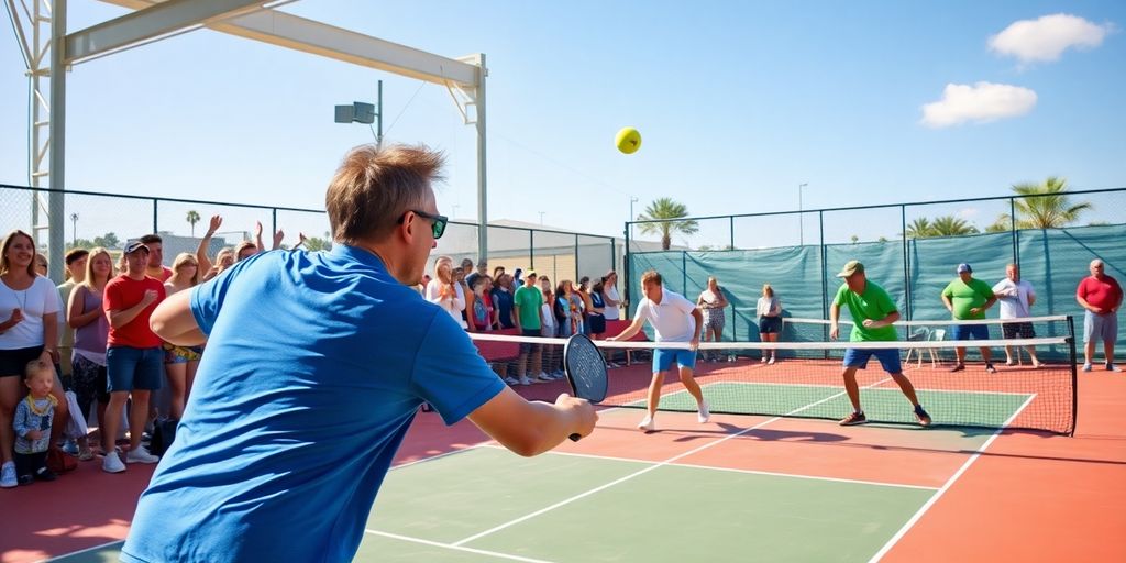 Pickleball players competing on a colorful court.