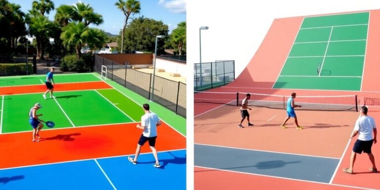 Pickleball and tennis courts with players engaged in action.