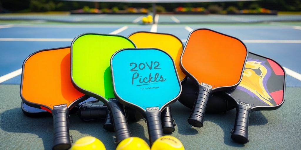 Colorful beginner pickleball paddles on a court.