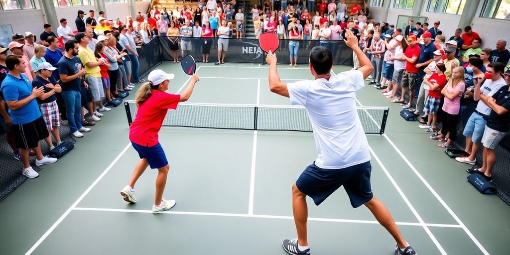 Players dinking in a pickleball match on a court.