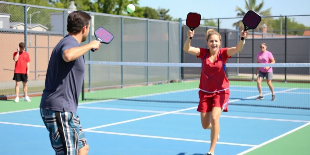 Players competing in an intense pickleball match.