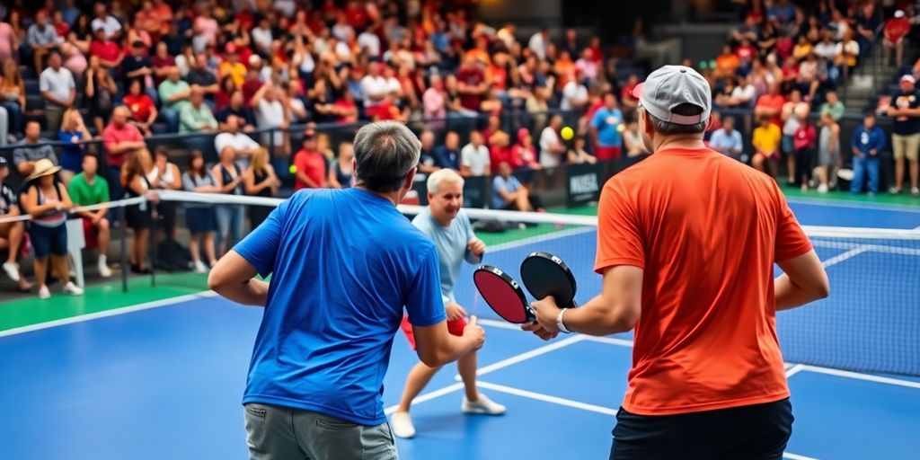 Players competing in a lively pickleball match on court.