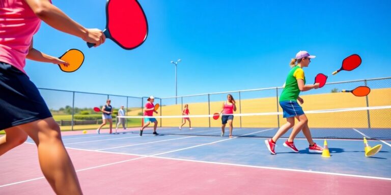 Pickleball players competing on a sunny outdoor court.