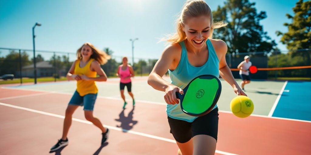 Players enjoying pickleball on a colorful court.