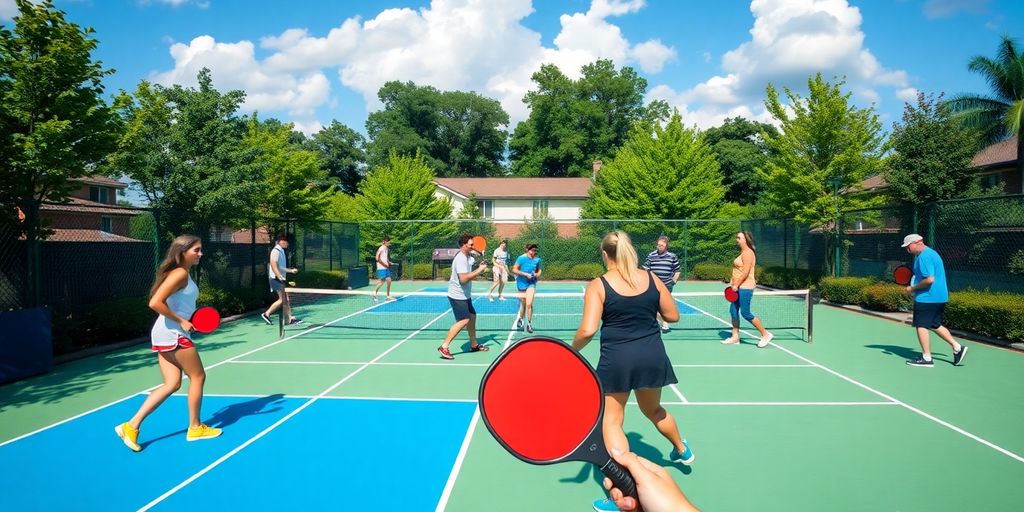 Players enjoying a game on a pickleball court.