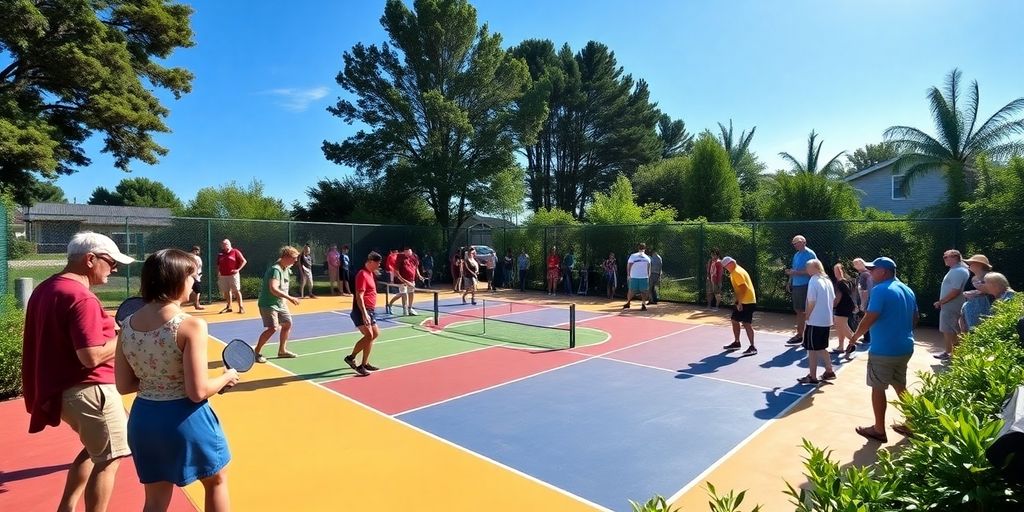 Players enjoying pickleball on a sunny outdoor court.