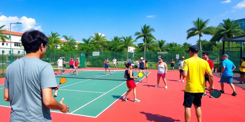 Players enjoying pickleball on a sunny court in Singapore.