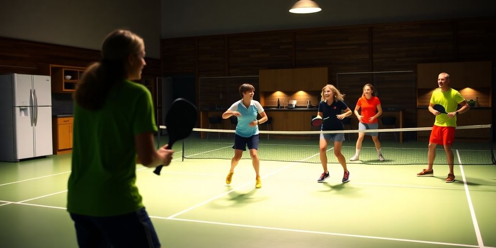 Players competing in a pickleball match near the kitchen.