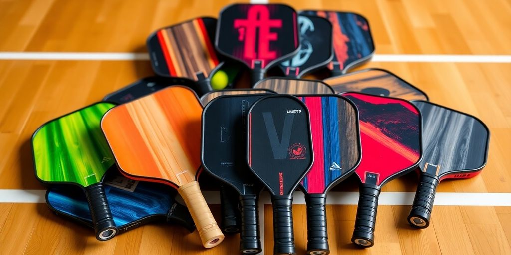 Colorful assortment of pickleball paddles on a court.