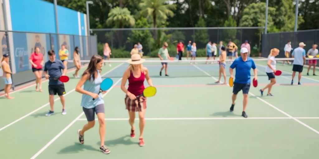 Players engaged in pickleball on a sunny court.