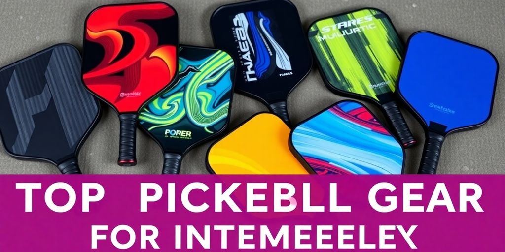 Colorful pickleball paddles arranged on a textured surface.