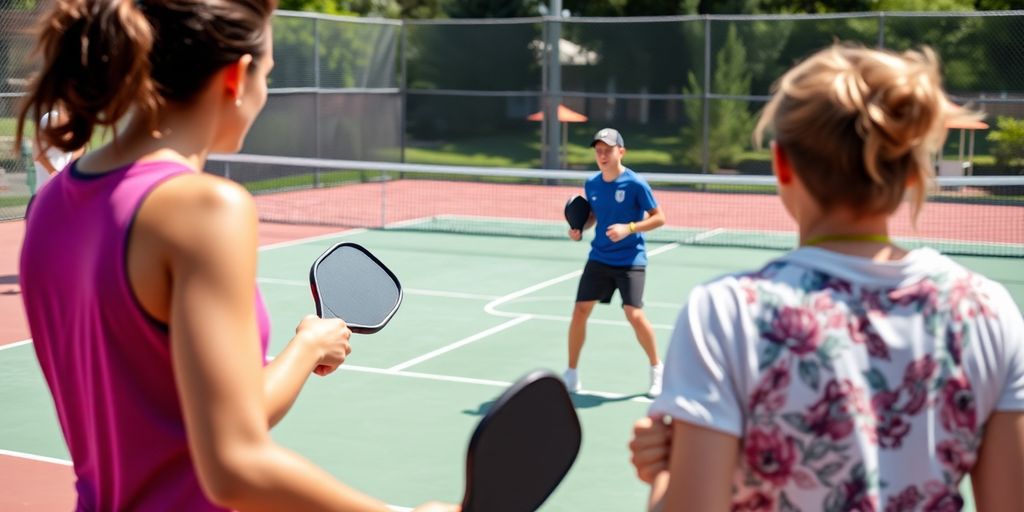 Players engaged in a pickleball match on the court.