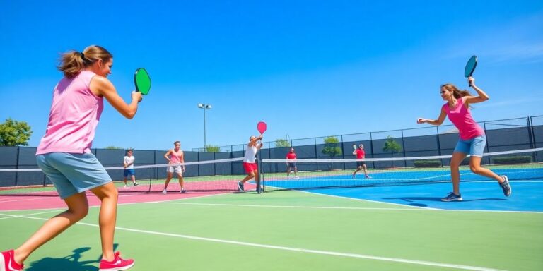 Action shot of pickleball and tennis players in motion.