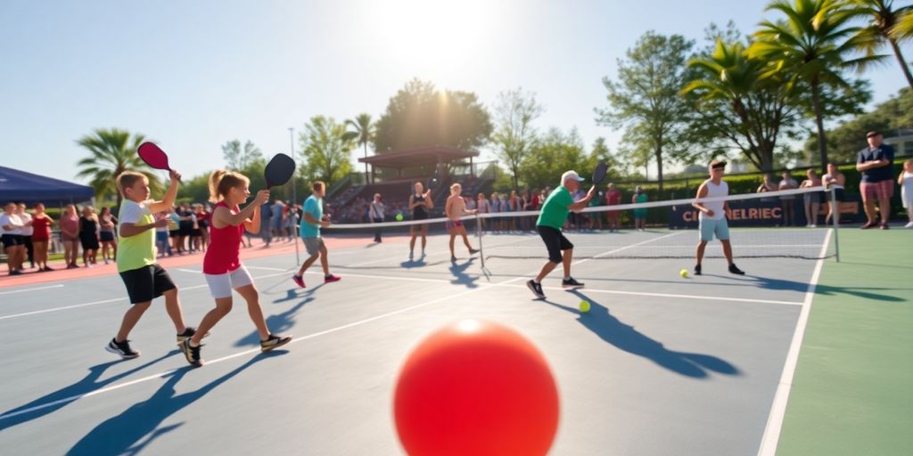 Pickleball players on a colorful court during a match.