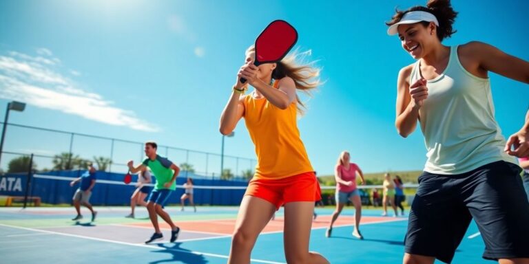 Players enjoying a lively pickleball match on the court.