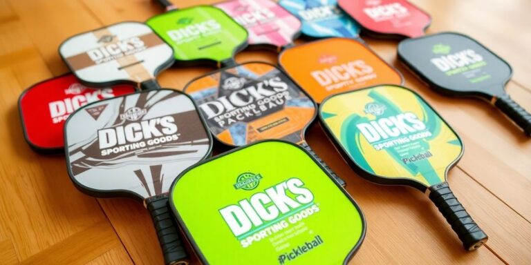 Colorful Dick's Sporting Goods pickleball paddles on display.