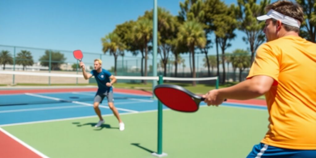 Players executing an around-the-post shot in pickleball.