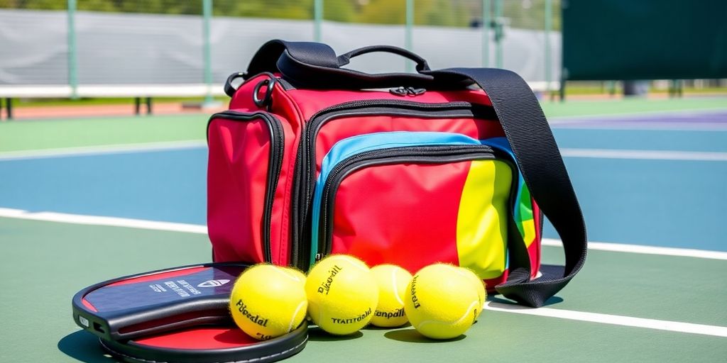 Pickleball sling bag with paddle and balls on court.