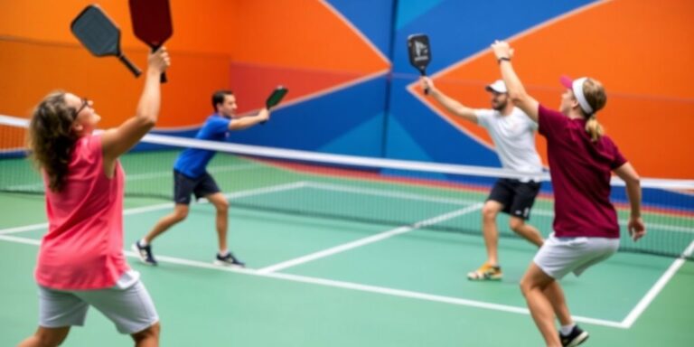 Dynamic pickleball match with players in action.