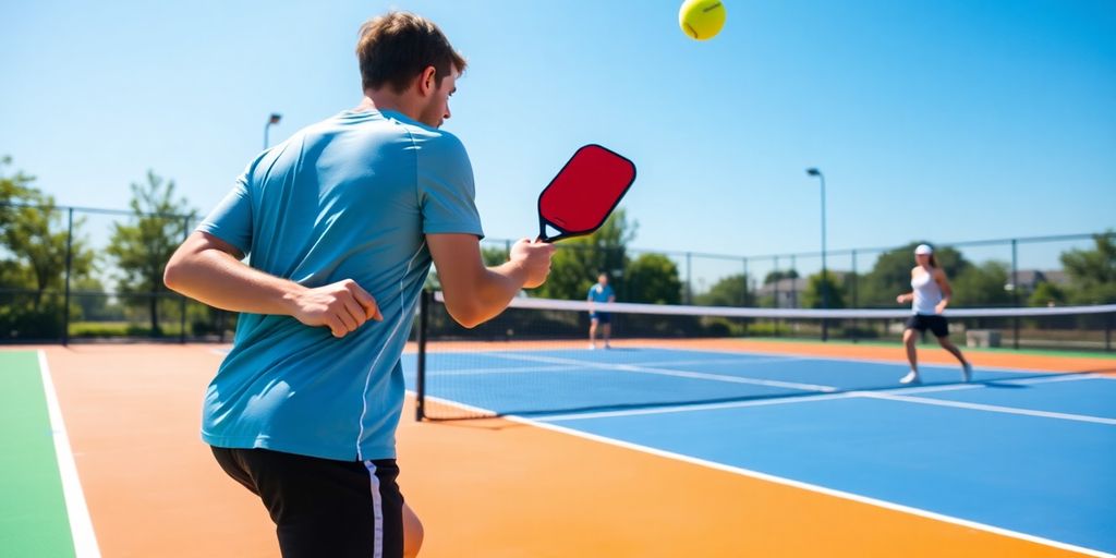 Two players competing in pickleball singles match.